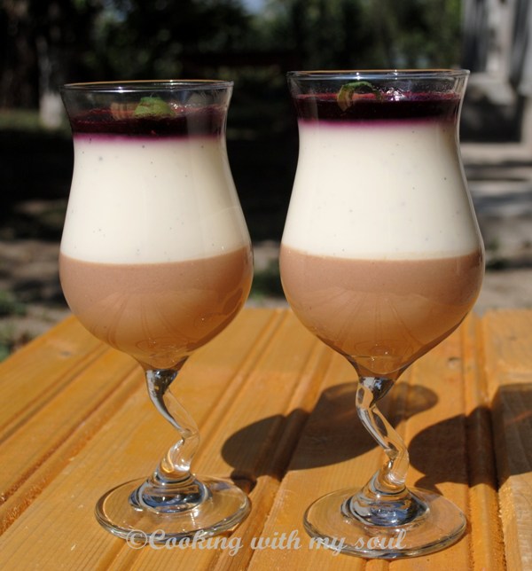 Panna cotta cu ciocolata si topping de fructe de padure